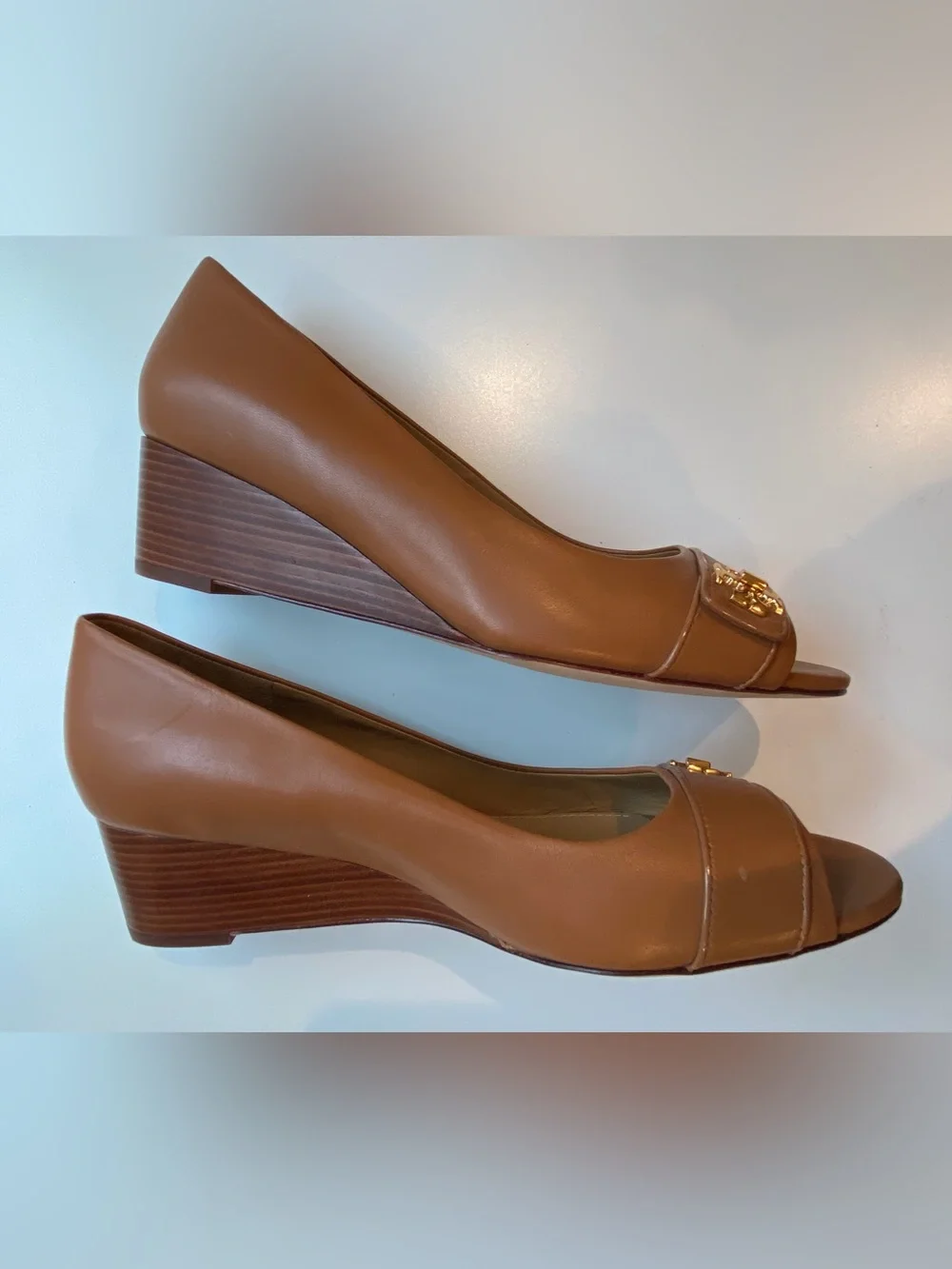 Tory Burch peep toe in camel with wood grain wedge